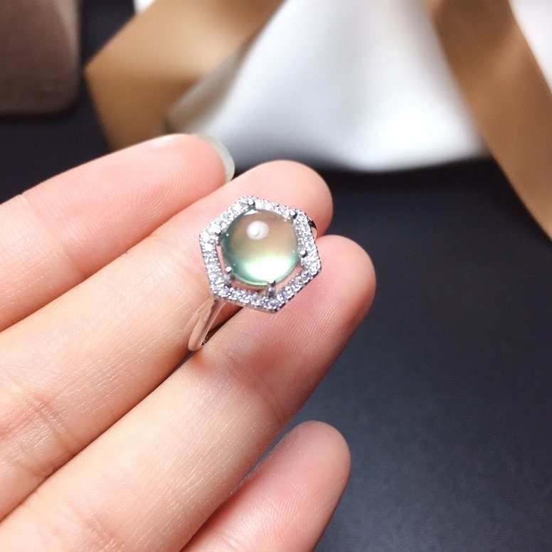 Natural Australia Green Prehnite Ring, S925 Sterling Silver, Handmade Engagement Gift For Women Her
