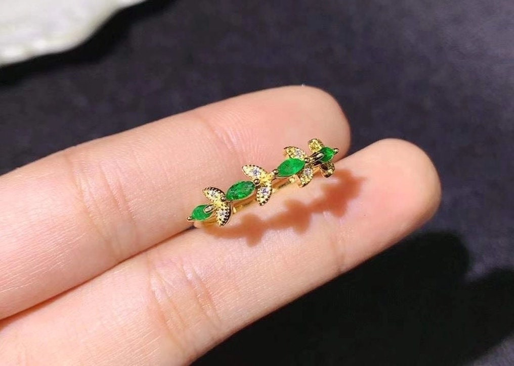 Dainty Natural Green Emerald Ring, Marquise Cut, Gold Plated Silver Ring, May Birthstone, Engagement Cocktail Wedding, Handmade Art Deco