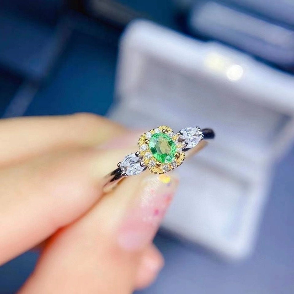 Natural Green Tsavorite Ring, White Gold Plated Silver Ring, May Birthstone, Engagement Cocktail Wedding Ring, Art Deco Aesthetic