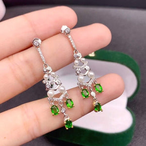 Natural Green Diopside Earrings, Gold Plated Sterling Silver Earrings for Women, Handmade Engagement Wedding Earrings