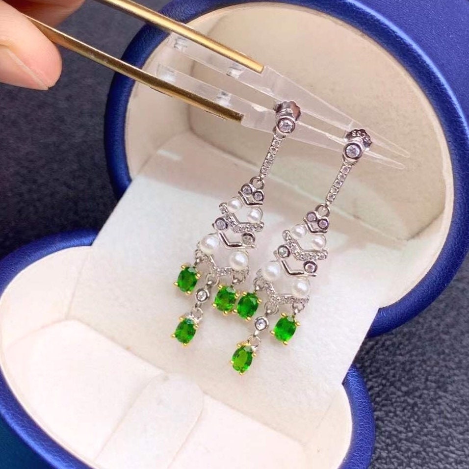 Natural Green Diopside Earrings, Gold Plated Sterling Silver Earrings for Women, Handmade Engagement Wedding Earrings