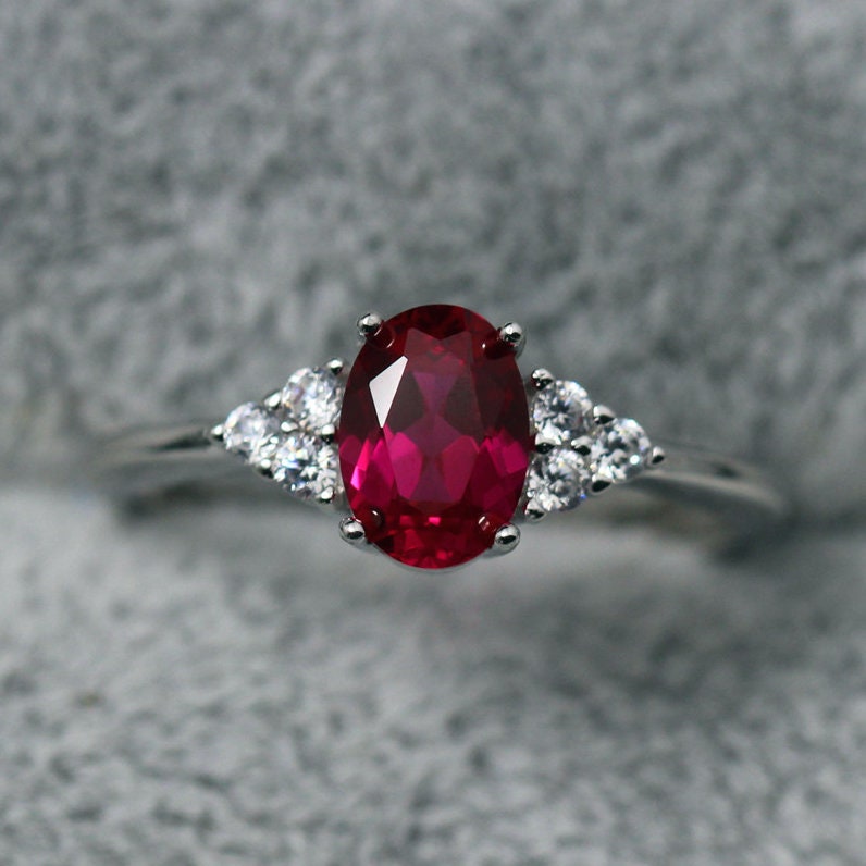 Red Ruby Ring, Created Ruby, July Birthstone, White Gold Plated Sterling Silver Rings for Women, Engagement Wedding Ring