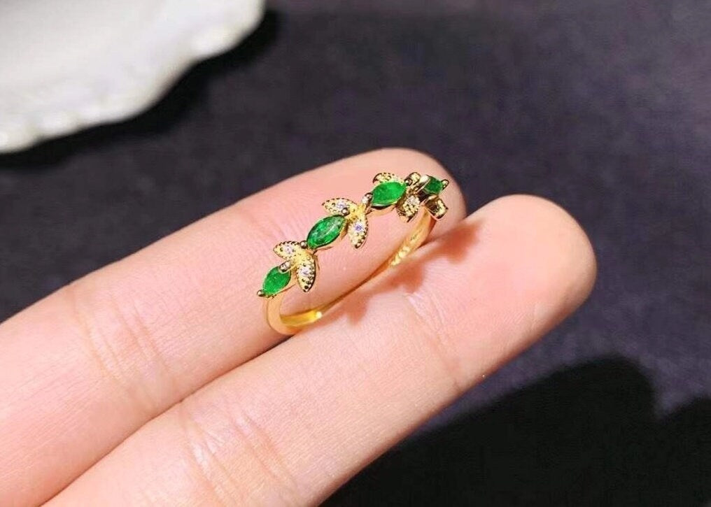 Dainty Natural Green Emerald Ring, Marquise Cut, Gold Plated Silver Ring, May Birthstone, Engagement Cocktail Wedding, Handmade Art Deco