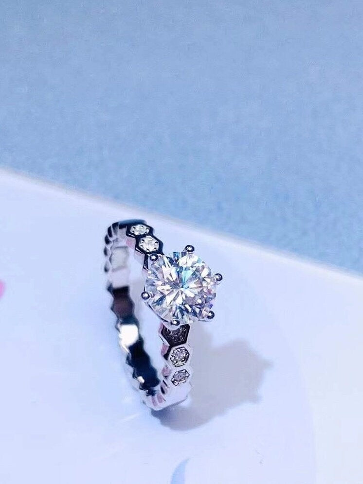 1 Carat Top Grade Moissanite Ring, Honeycomb Design, Sterling Silver Rings for Women, Handmade Wedding Engagement Gift For Her