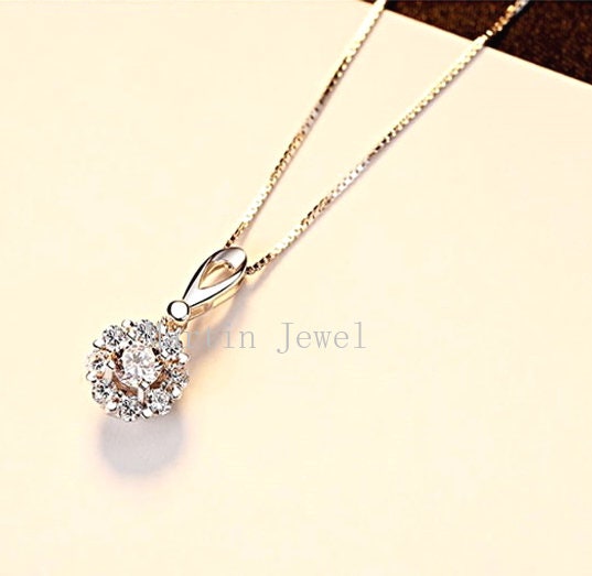 Moissanite Pendant Necklace, Free Chain, Sterling Silver With 18K White Gold Plating, Handmade Engagement Gift  For Women Her