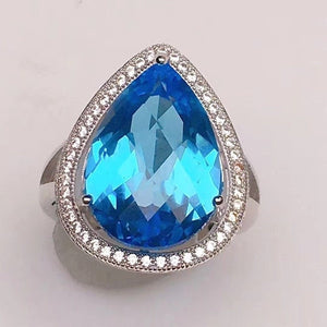 Huge Natural Swiss Blue Topaz Ring, Emerald Cut,  Silver Ring, November Birthstone, Engagement Cocktail Wedding Ring, Art Deco Aesthetic