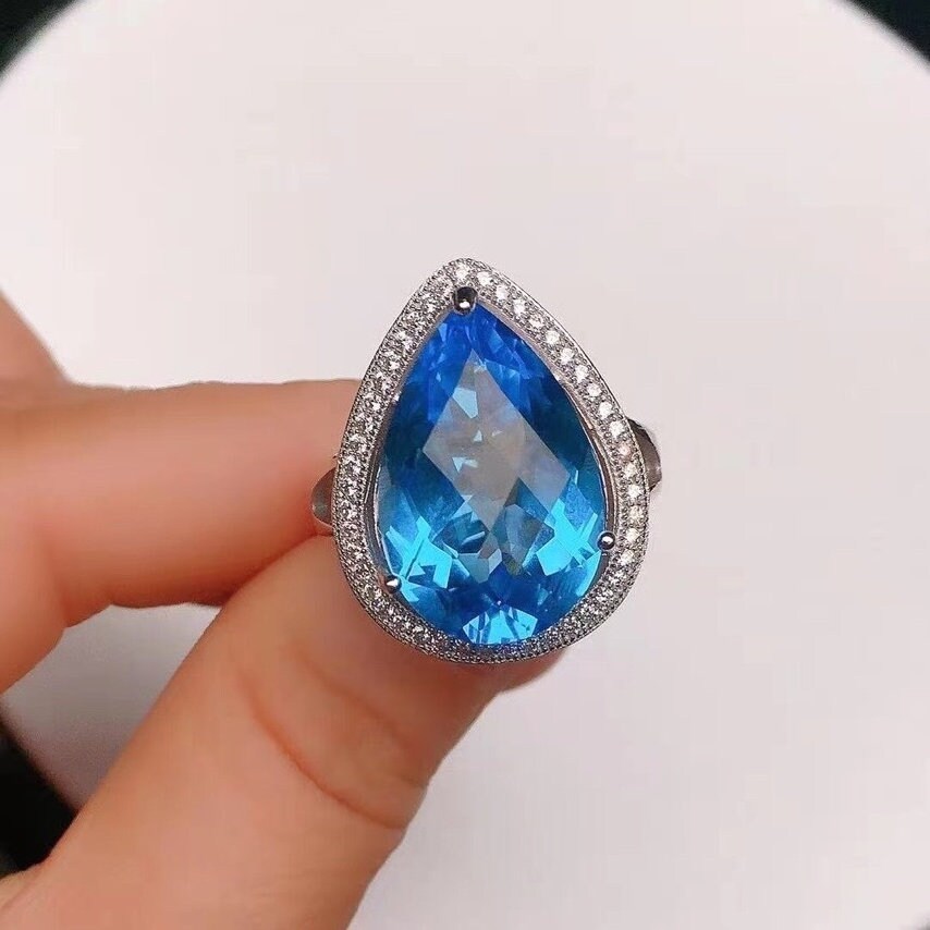 Huge Natural Swiss Blue Topaz Ring, Emerald Cut,  Silver Ring, November Birthstone, Engagement Cocktail Wedding Ring, Art Deco Aesthetic