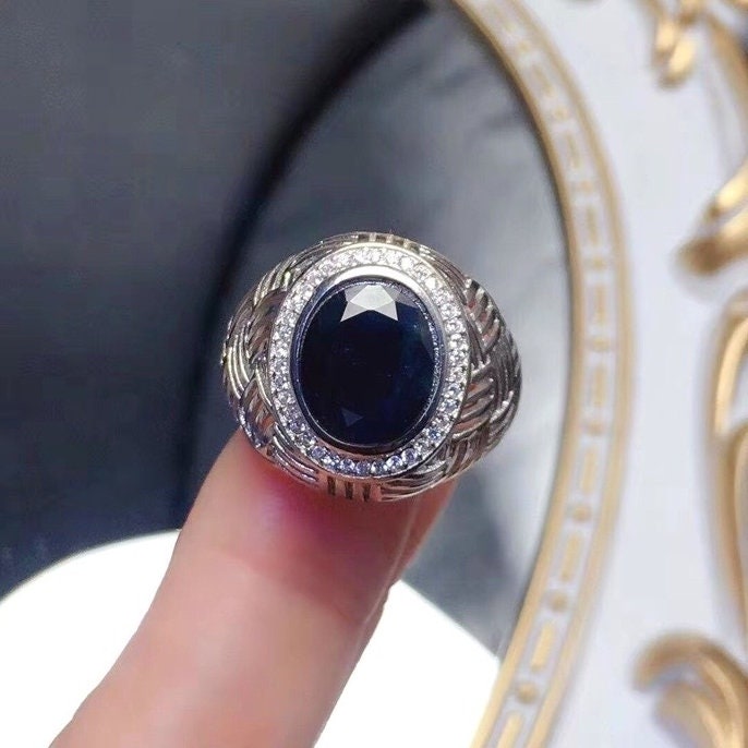 Natural Dark Blue Sapphire Ring, Sterling Silver Rings, September Birthstone, Handmade Engagement Gift For Women Her