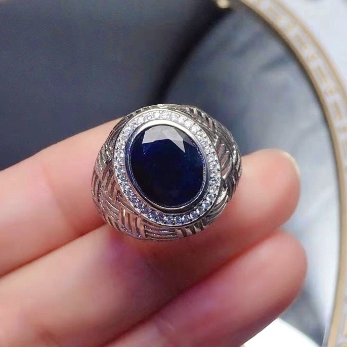 Natural Dark Blue Sapphire Ring, Sterling Silver Rings, September Birthstone, Handmade Engagement Gift For Women Her