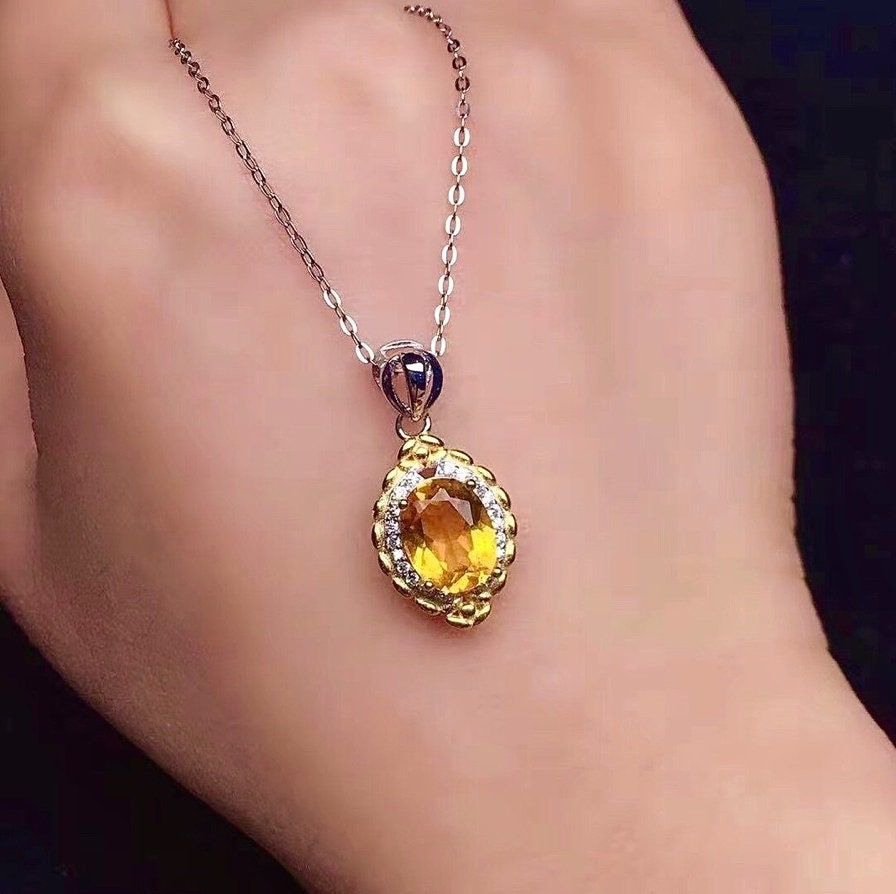 Natural Yellow Citrine Necklace, Sterling Silver, Free Chain, November Birthstone, Handmade Engagement Gift For Women Her