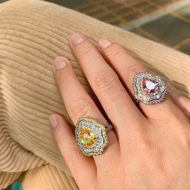 Tourmaline/Diamond Ring, Created Gemstone, Rings for Women, Handmade Wedding Engagement