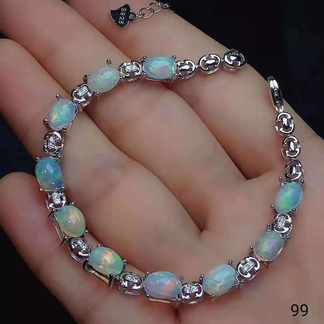 Natural Solid Opal Bracelet, October Birthstone, Sterling Silver With 18K Gold Plating, Handmade Engagement Gift For Women Her