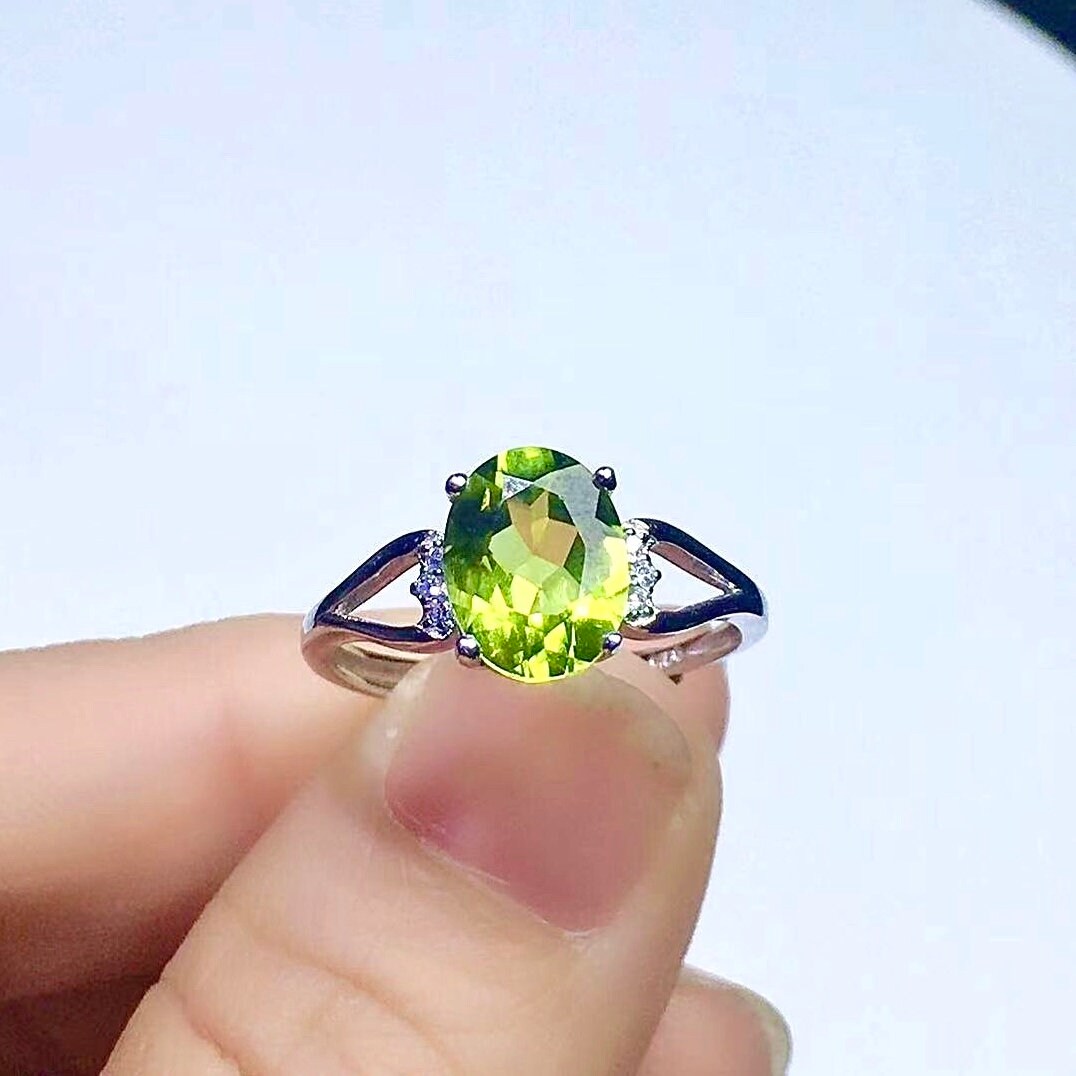 Natural Green Peridot Ring, Sterling Silver With 18K White Gold Plating, August Birthstone, Engagement Wedding, Gift  For Women