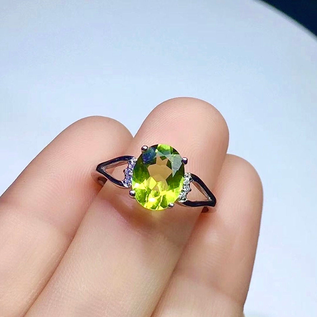 Natural Green Peridot Ring, Sterling Silver With 18K White Gold Plating, August Birthstone, Engagement Wedding, Gift  For Women
