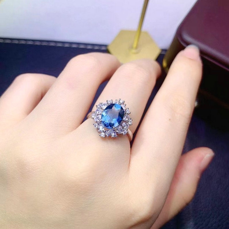 Natural London Blue Topaz Ring, White Gold Plated Silver Ring, November Birthstone, Engagement Cocktail Wedding Ring, Art Deco Aesthetic