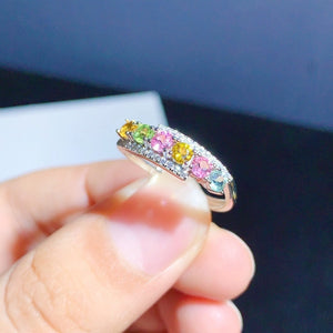 Natural Rainbow Tourmaline Ring, Stackable Ring, Sterling Silver Ring, October Birthstone, Handmade Engagement Gift For Women
