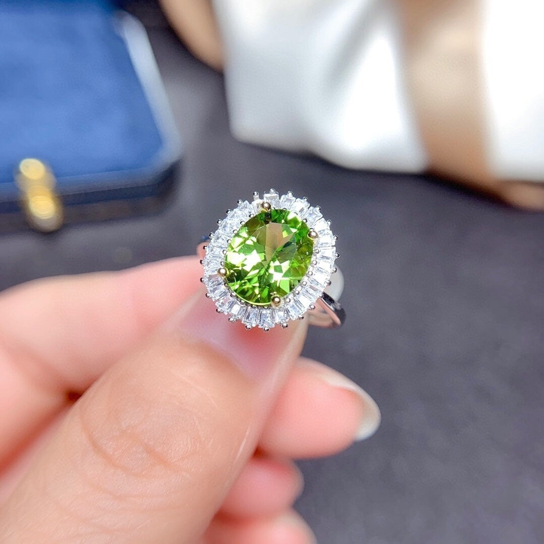 Natural Green Peridot Pendant Ring Earrings Set, Sterling Silver, August Birthstone, Engagement Wedding, Gift  For Women