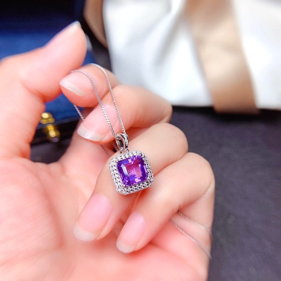 Natural Purple Amethyst Pendant Ring Set, Asscher Cut, Sterling Silver, Free Chain, February Birthstone, Handmade Engagement Gift For Wome