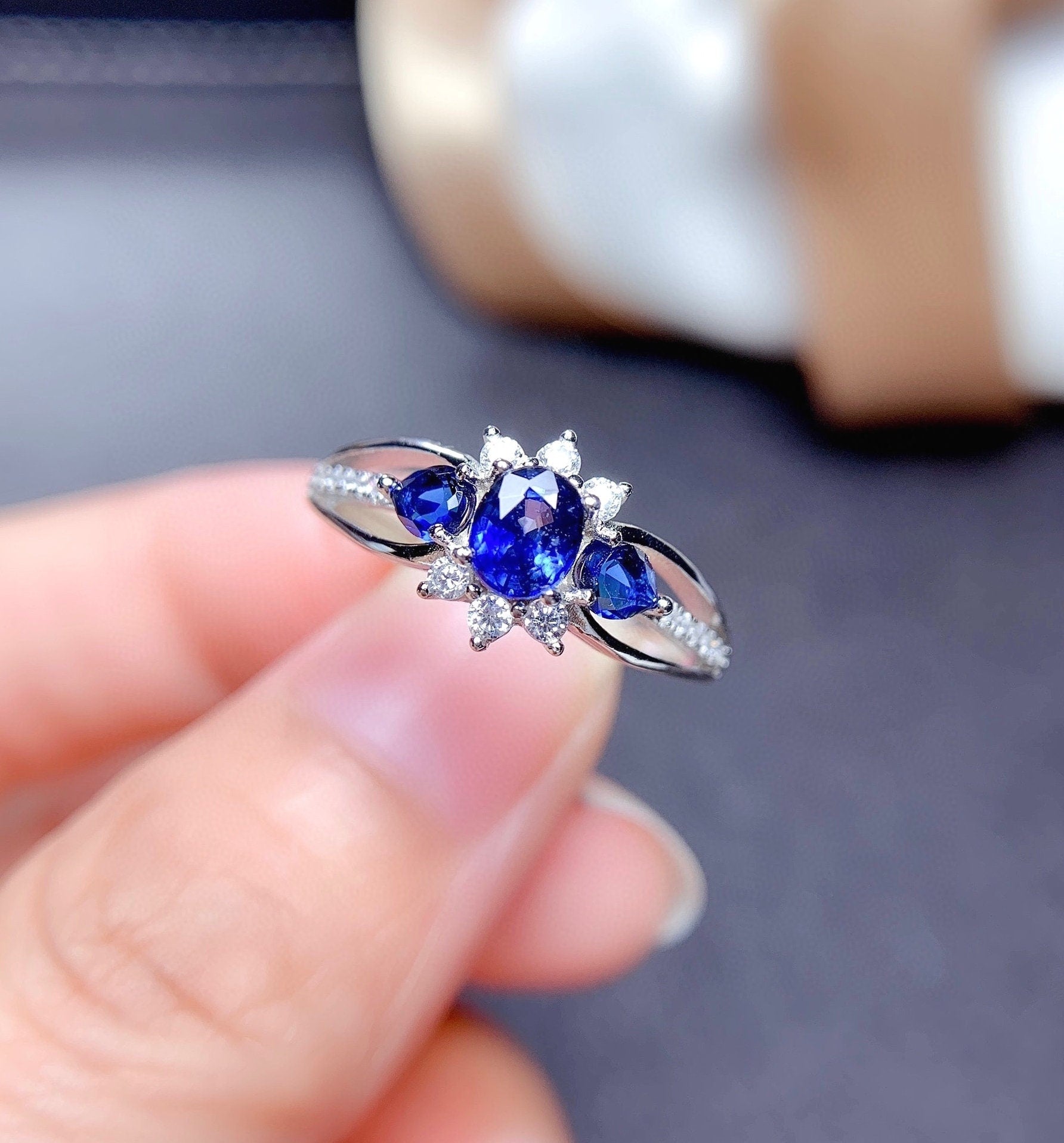 J279 Natural Blue Sapphire Ring, Sterling Silver With 18K White Gold Plating, September Birthstone, Engagement Wedding, Gift  For Women