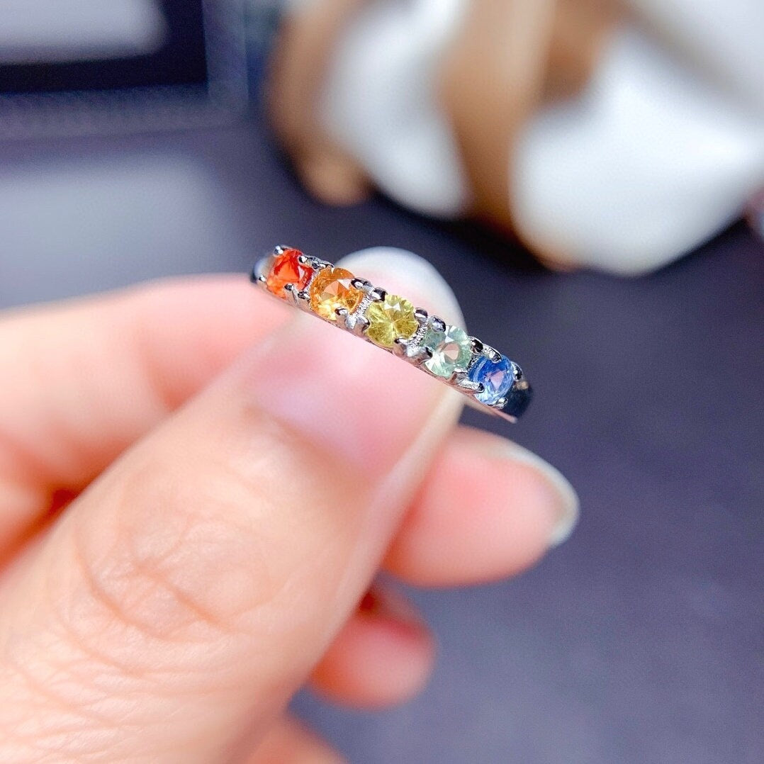 J290 Natural Rainbow Sapphire Ring, Sterling Silver With 18K White Gold Plating, September Birthstone, Handmade Engagement Gift For Women Her