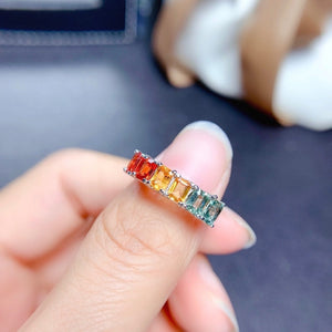 J291 Natural Rainbow Sapphire Ring, Sterling Silver With 18K White Gold Plating, September Birthstone, Handmade Engagement Gift For Women Her