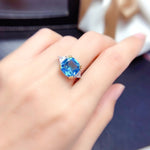 Load image into Gallery viewer, J300 Natural Swiss Blue Topaz Ring, White Gold Plated Silver Ring, November Birthstone, Engagement Cocktail Wedding Ring, Art Deco Aesthetic
