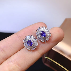 Natural Blue Tanzanite Earrings, White Gold Plated Sterling Silver Earrings for Women, Engagement Wedding Earrings