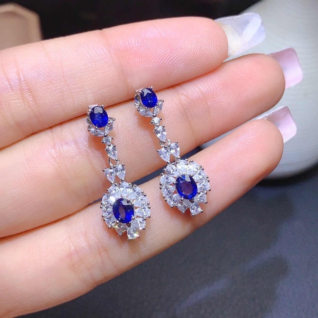 Natural Blue Sapphire Earrings, September Birthstone, White Gold Plated Sterling Silver Earrings for Women, Engagement Wedding Earrings