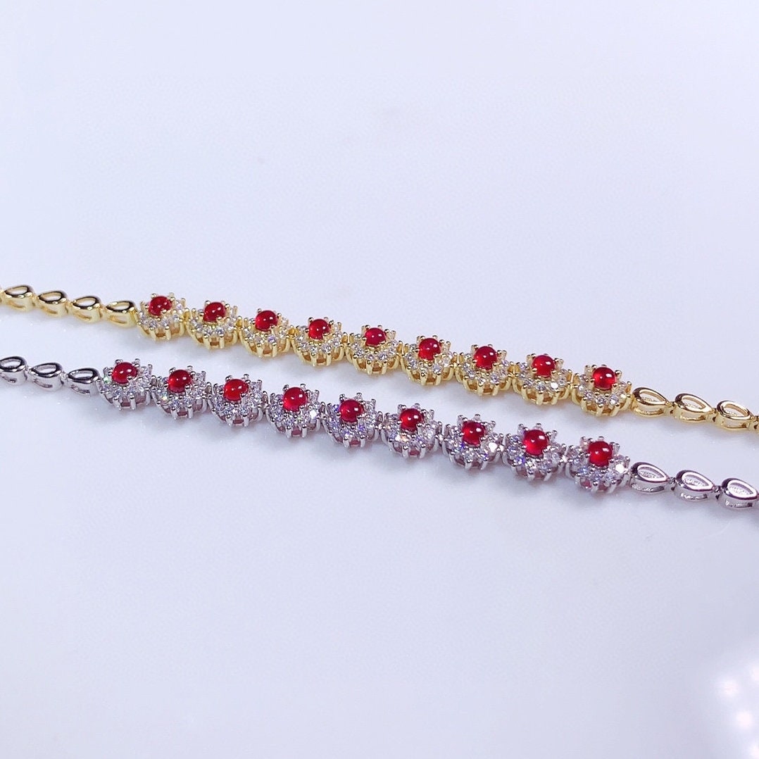 Natural Red Ruby Bracelet, Sterling Silver With 18K White Gold Plating, September Birthstone, Engagement Wedding, Gift  For Women