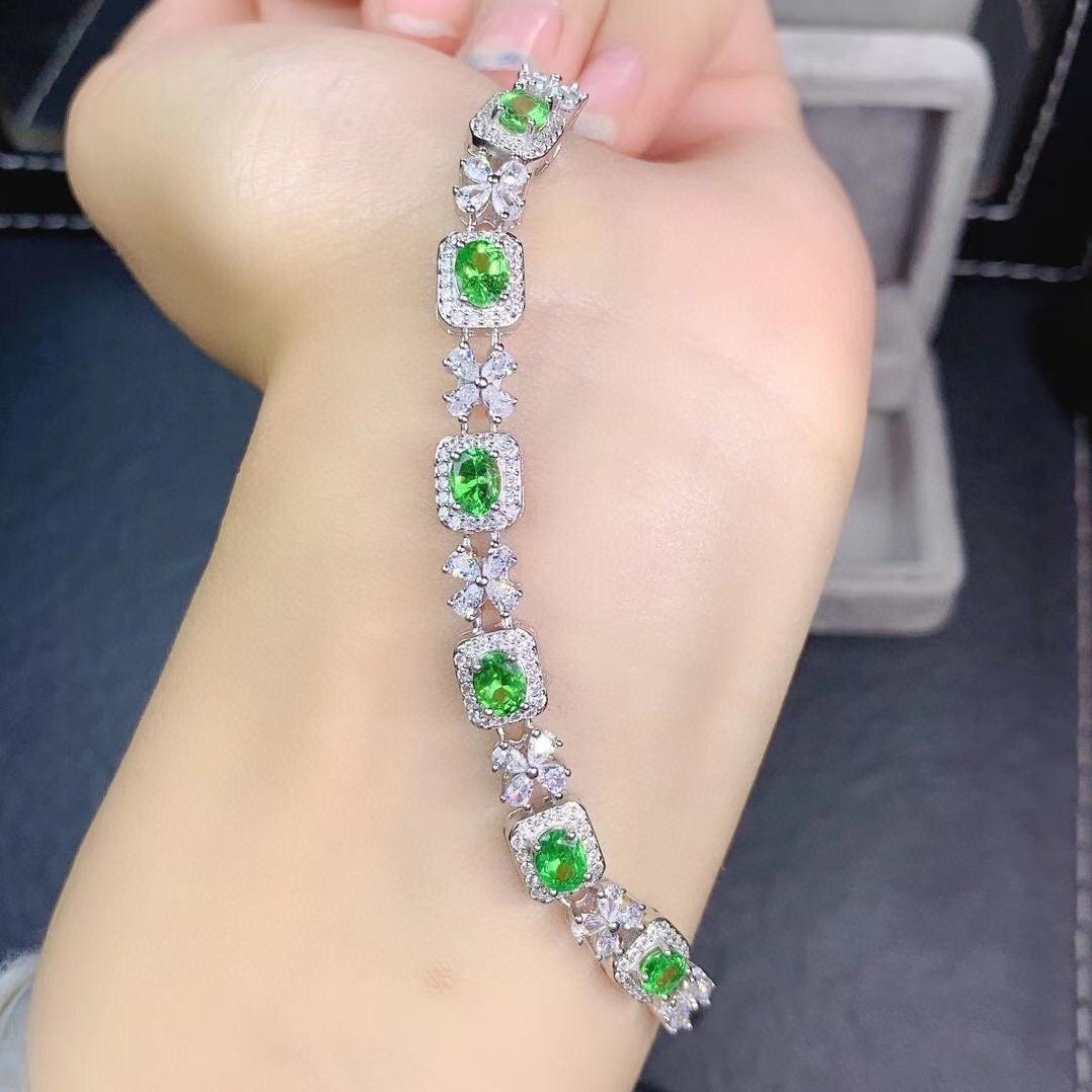 Natural Green Tsavorite Bracelet, S925 Sterling Silver, Handmade Engagement Gift For Women Her