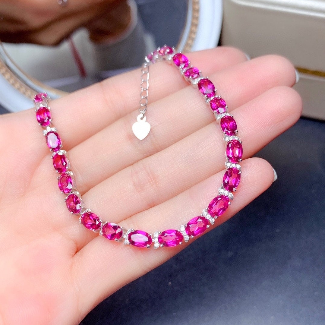 Natural Pink Topaz Bracelet, November Birthstone, Sterling Silver With 18K Gold Plating, Handmade Engagement Gift For Women Her
