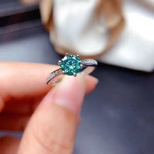 1 Carat Top Grade Bluish Green Moissanite Ring, S925 Sterling Silver, Handmade Wedding Engagement Gift For Women Her