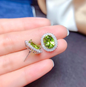 Natural Green Peridot Pendant Ring Earrings Set, Sterling Silver, August Birthstone, Engagement Wedding, Gift  For Women