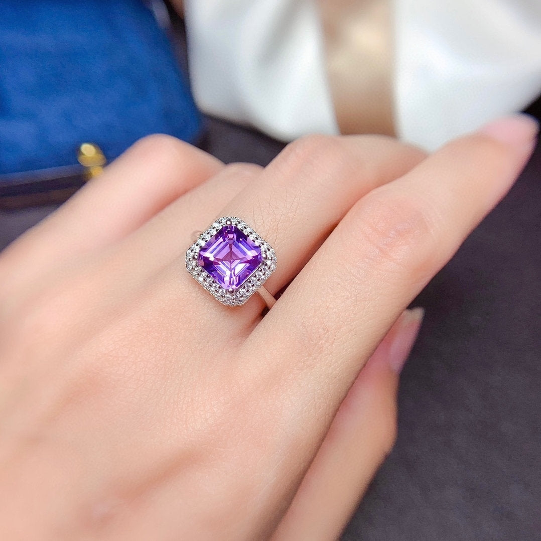 Natural Purple Amethyst Pendant Ring Set, Asscher Cut, Sterling Silver, Free Chain, February Birthstone, Handmade Engagement Gift For Wome