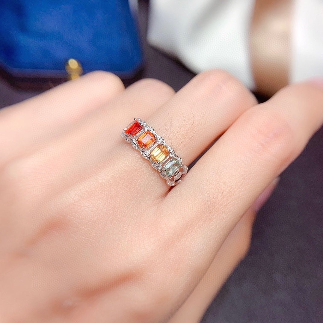 J275 Natural Rainbow Sapphire Ring, Sterling Silver With 18K White Gold Plating, September Birthstone, Handmade Engagement Gift For Women Her