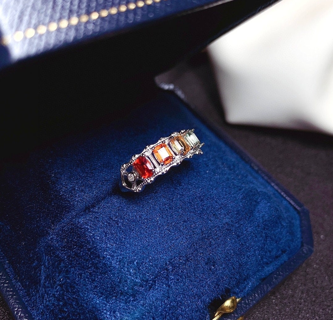 J275 Natural Rainbow Sapphire Ring, Sterling Silver With 18K White Gold Plating, September Birthstone, Handmade Engagement Gift For Women Her