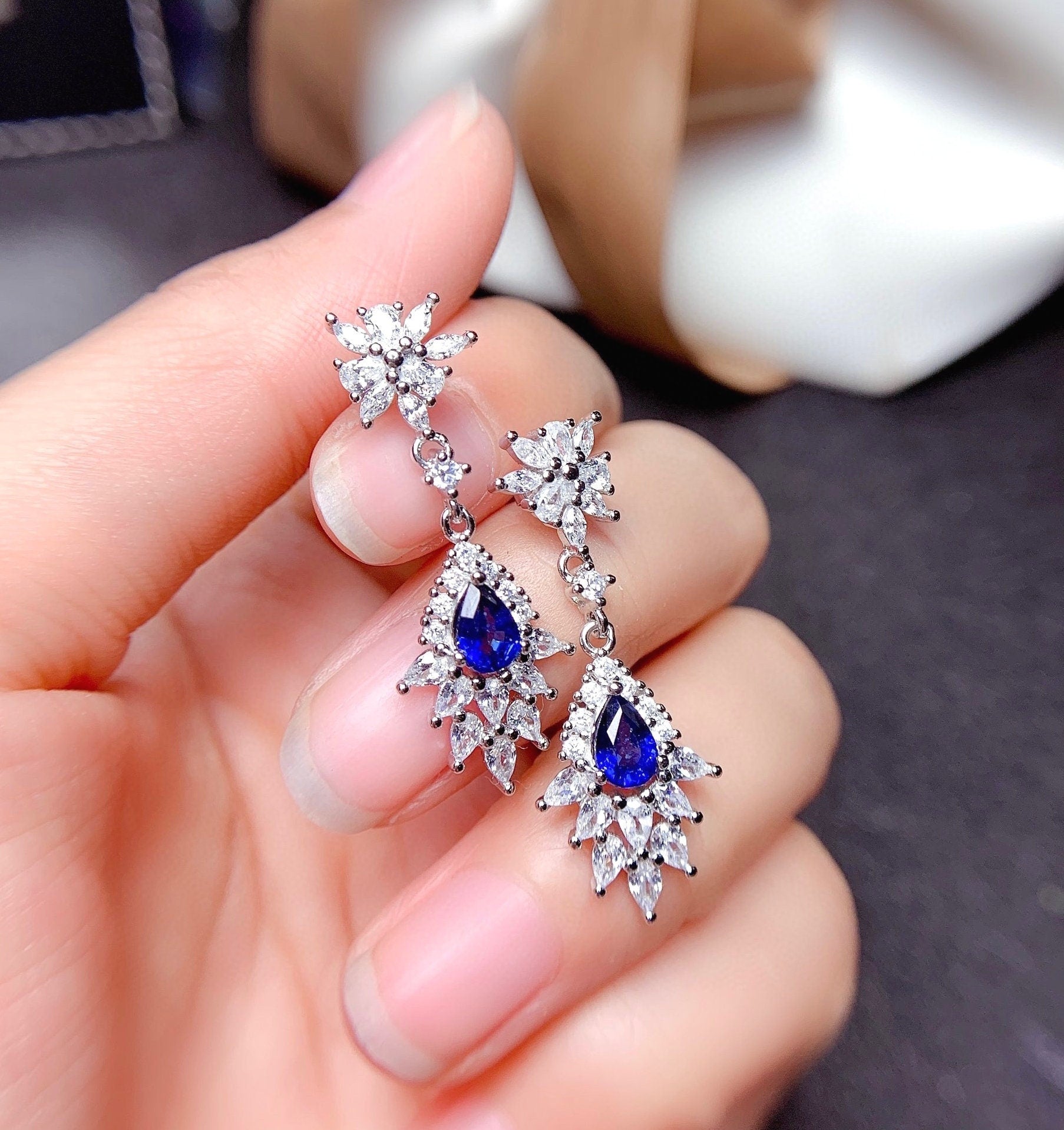Natural Blue Sapphire Earrings, September Birthstone, White Gold Plated Sterling Silver Earrings for Women, Engagement Wedding Earrings