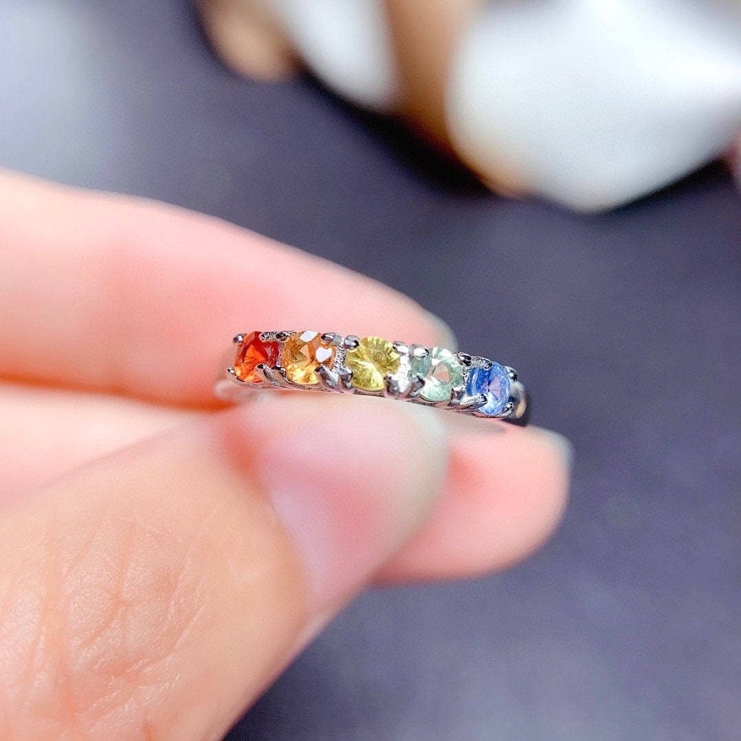 J290 Natural Rainbow Sapphire Ring, Sterling Silver With 18K White Gold Plating, September Birthstone, Handmade Engagement Gift For Women Her