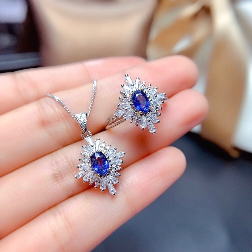J303 Natural Blue Sapphire Ring Pendant Set, Sterling Silver, September Birthstone, Engagement Wedding, Gift  For Women