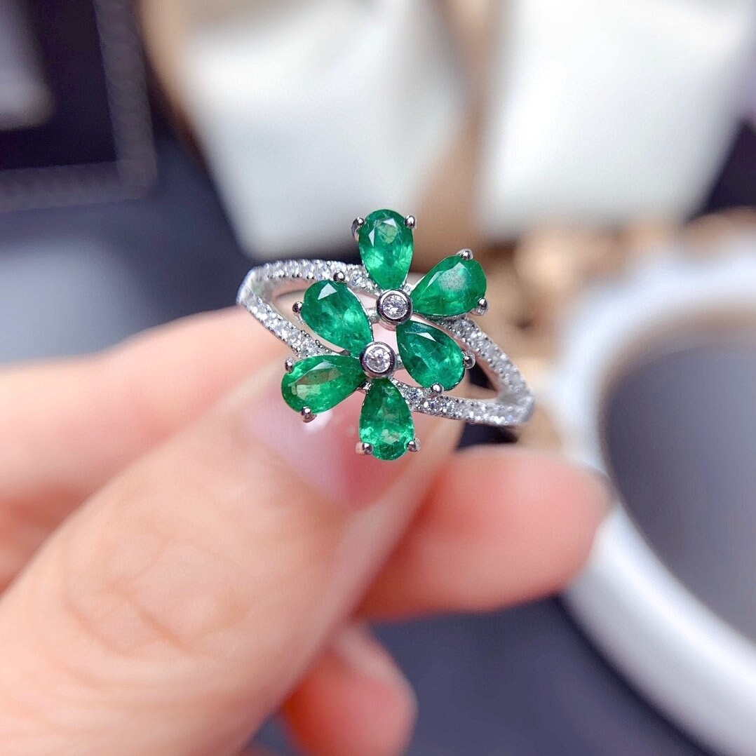 J322 Natural Green Emerald Ring, White Gold Plated Silver Ring, May Birthstone, Engagement Cocktail Wedding Ring, Art Deco Aesthetic