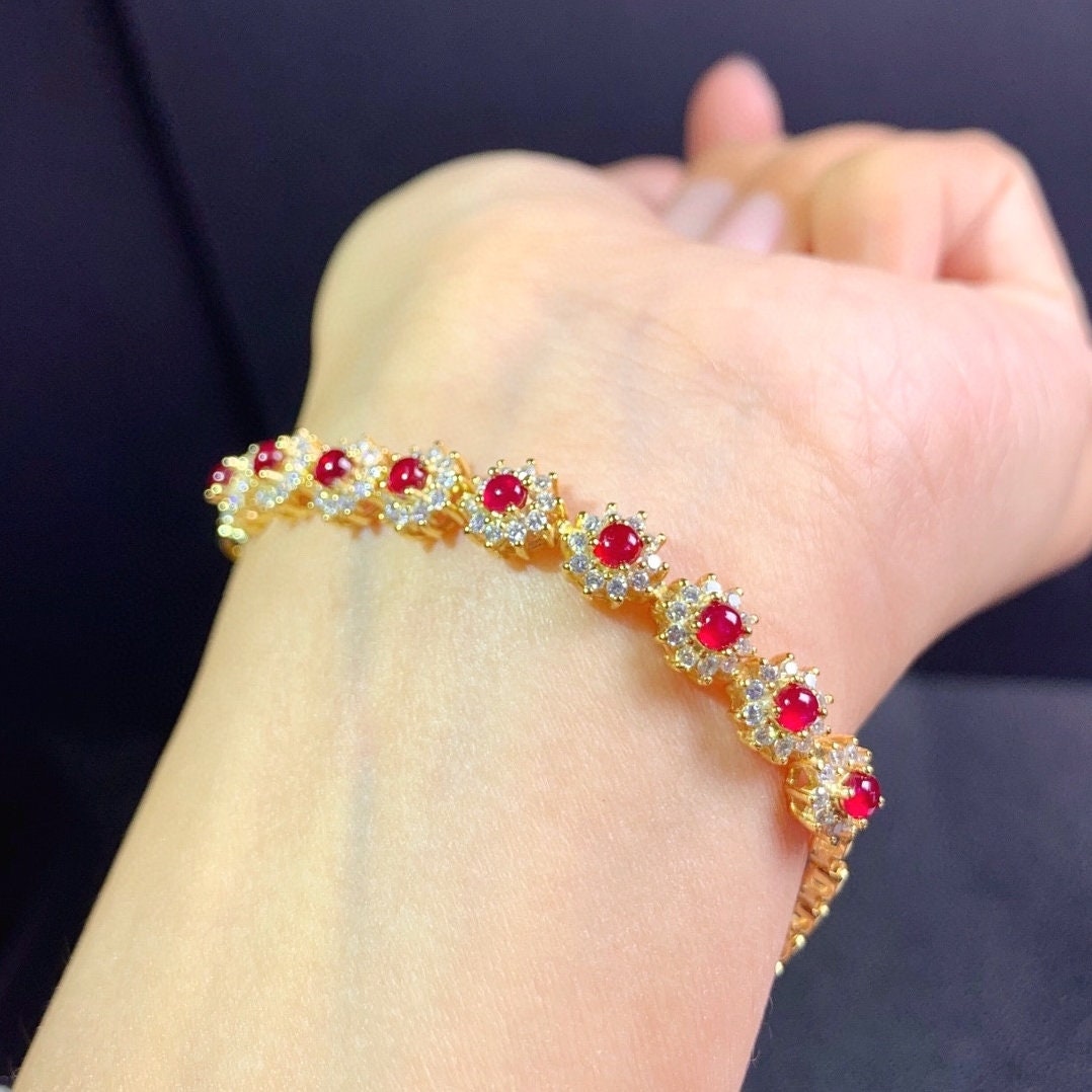 Natural Red Ruby Bracelet, Sterling Silver With 18K White Gold Plating, September Birthstone, Engagement Wedding, Gift  For Women