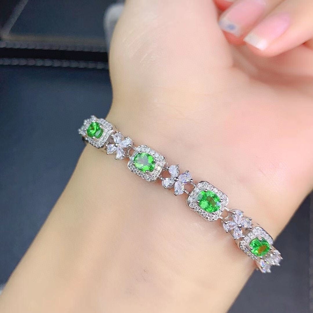 Natural Green Tsavorite Bracelet, S925 Sterling Silver, Handmade Engagement Gift For Women Her