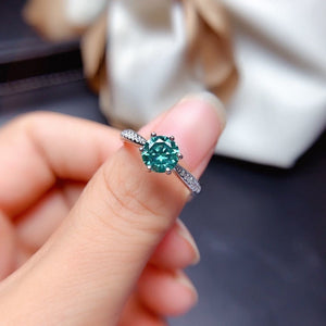 1 Carat Top Grade Bluish Green Moissanite Ring, S925 Sterling Silver, Handmade Wedding Engagement Gift For Women Her