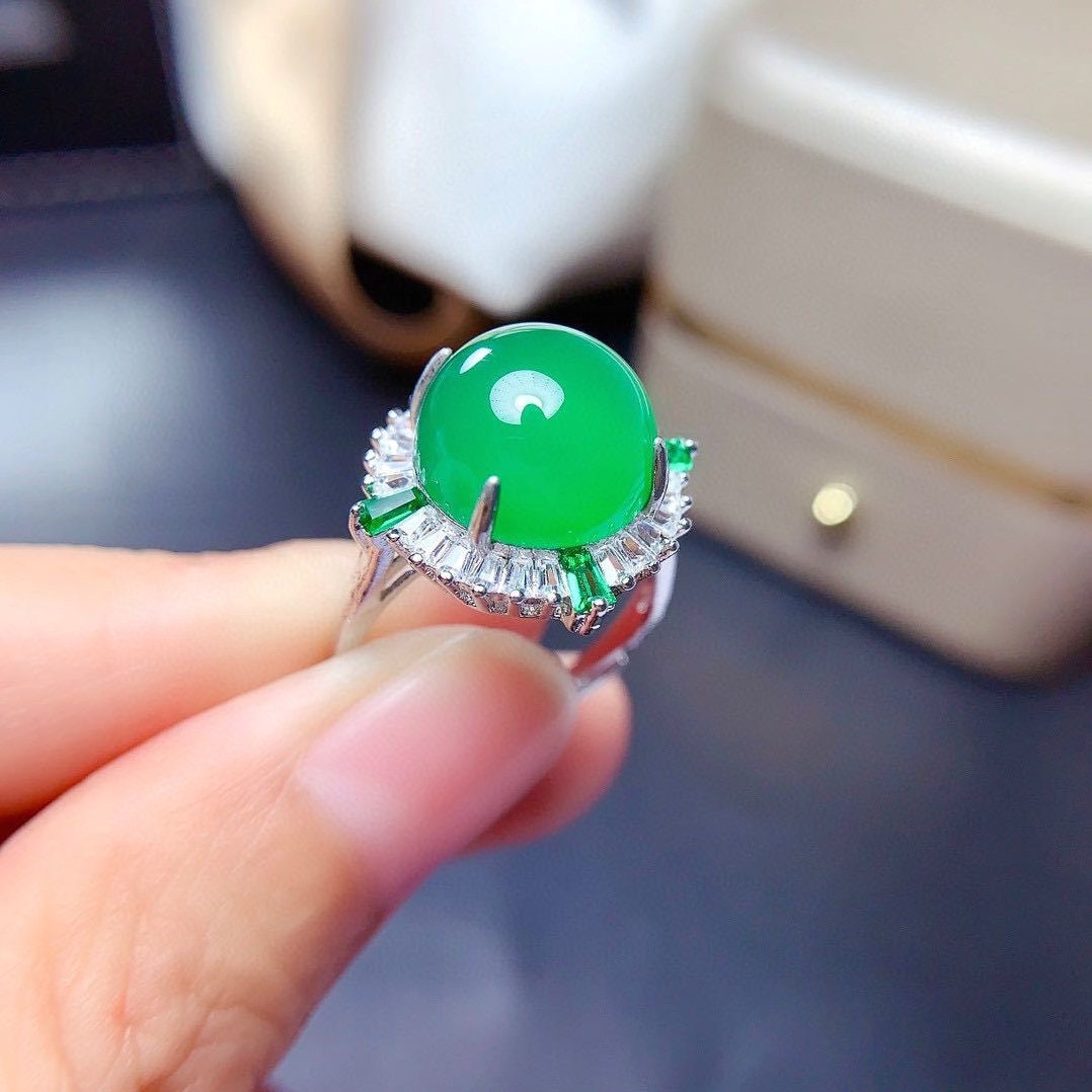 Natural Green Chrysoprase Ring, Handmade  Engagement Statement Wedding, Gift For Women Her