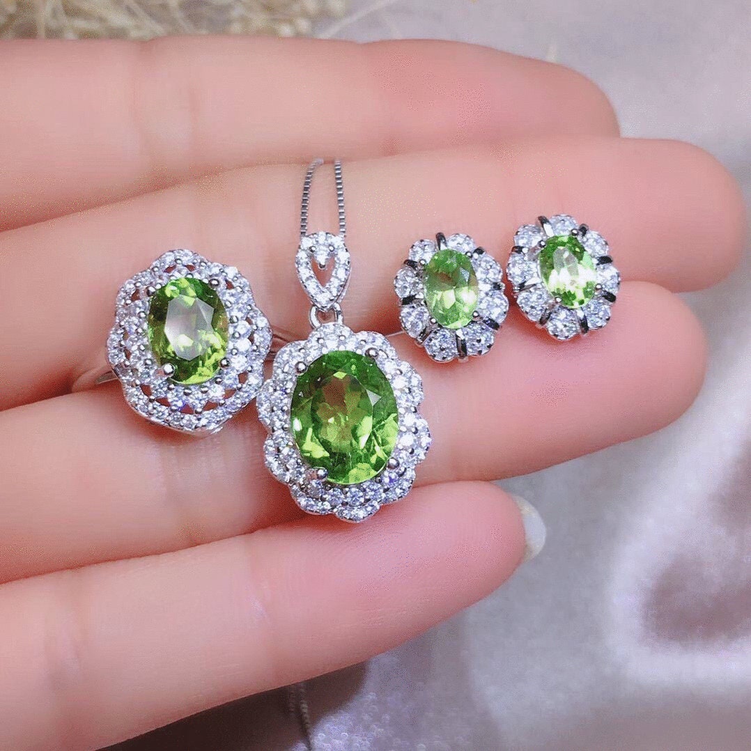 Natural Green Peridot Earrings Pendant Ring Set, August Birthstone, Sterling Silver With 18K Gold Plating, Handmade Engagement Gift