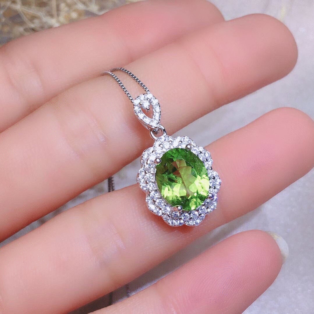 Natural Green Peridot Earrings Pendant Ring Set, August Birthstone, Sterling Silver With 18K Gold Plating, Handmade Engagement Gift