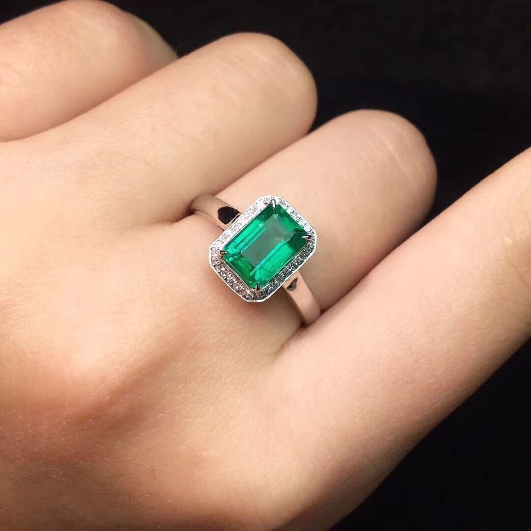 Natural Green Emerald Ring, White Gold Plated Silver Ring, May Birthstone, Engagement Cocktail Wedding Ring, Art Deco Aesthetic