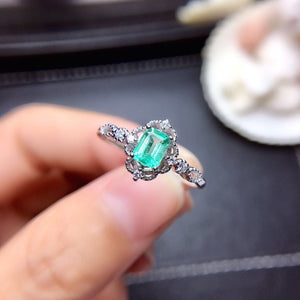 Natural Green Emerald Ring, White Gold Plated Silver Ring, May Birthstone, Engagement Cocktail Wedding Ring, Art Deco Aesthetic