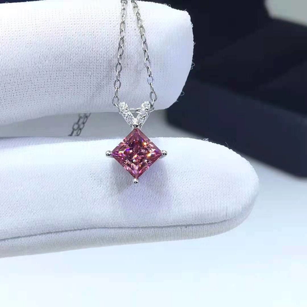 1 Carat Pink Moissanite Pendant Necklace, Princess Cut, S925 Sterling Silver, Handmade Engagement Gift  For Women Her