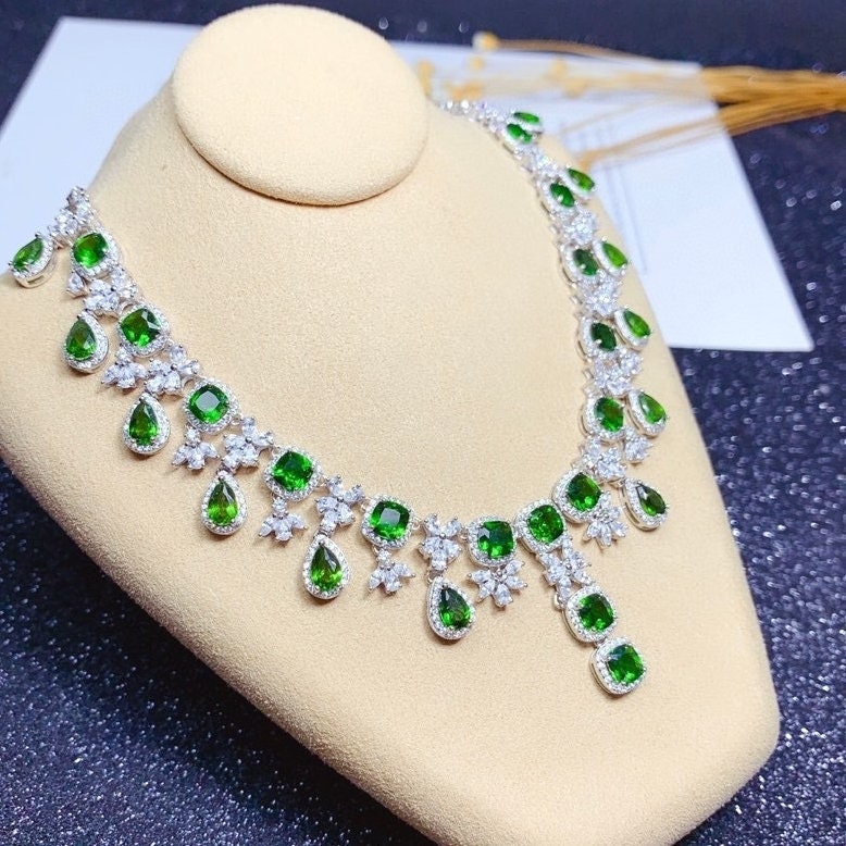 Natural Green Chrome Diopside  Necklace, S925 Sterling Silver, Handmade Engagement Gift For Women Her